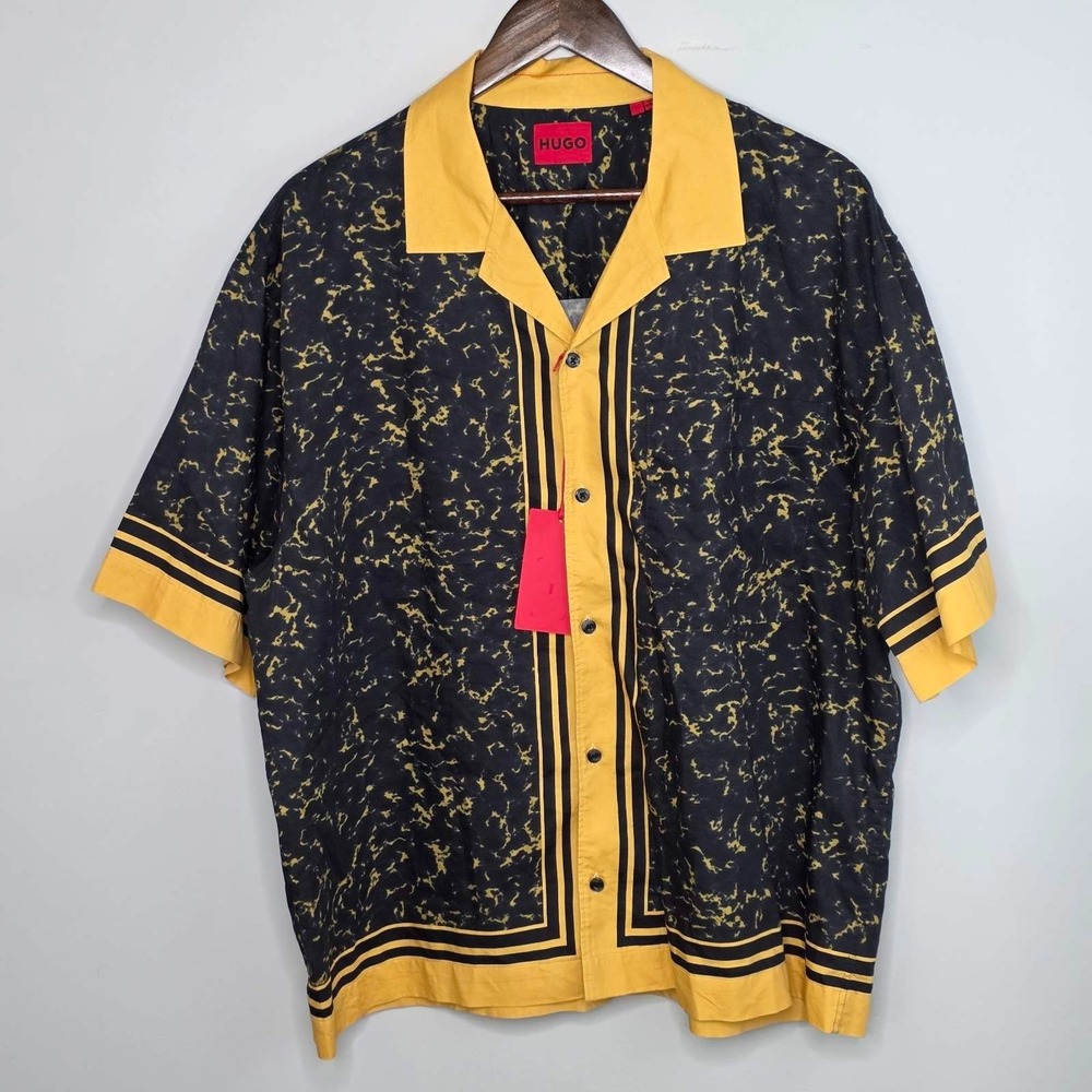 Hugo Boss Egeeno Shirt Men's Size S Yellow Black Button Down Oversize-Fit Cotton